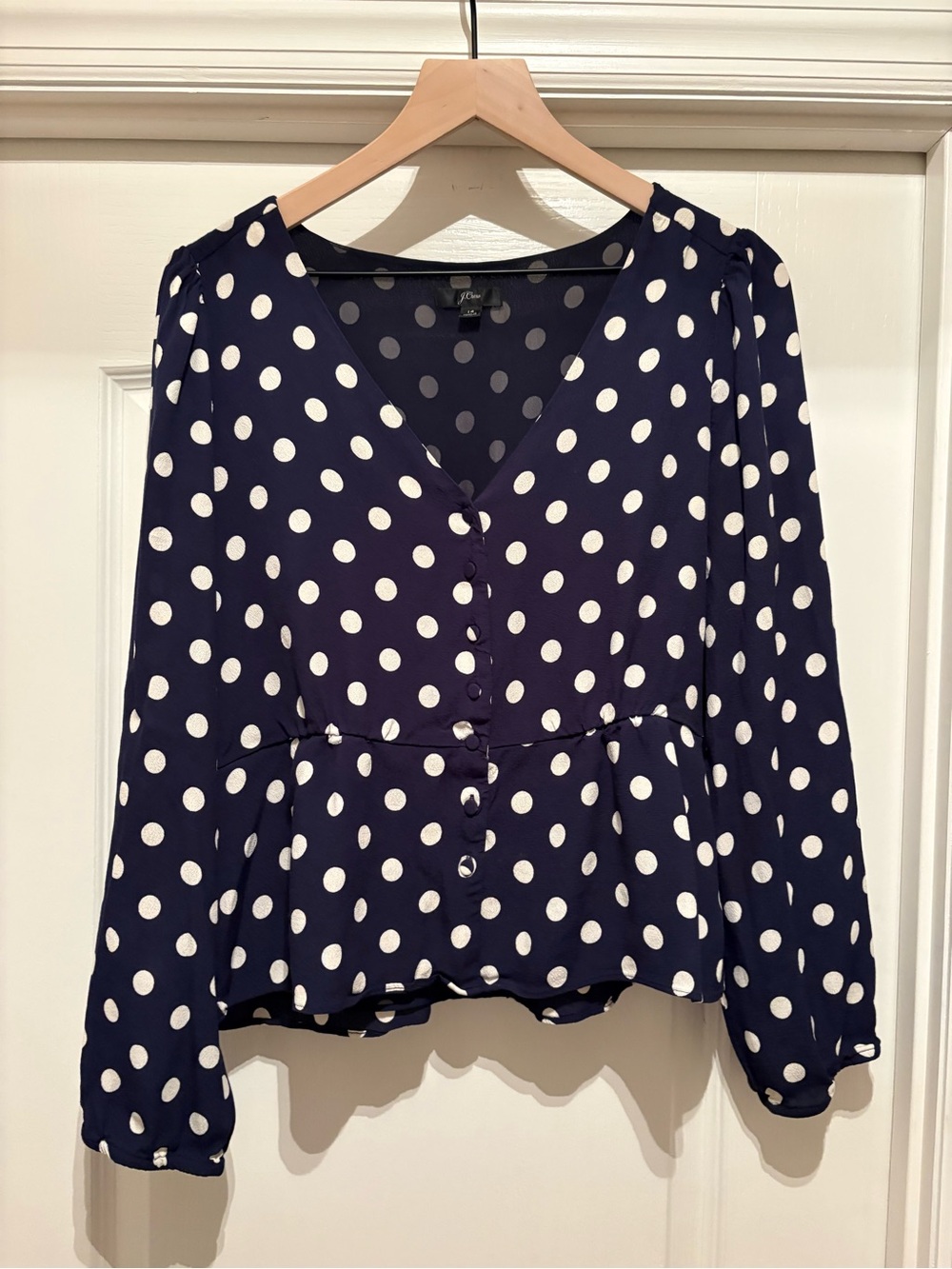 Women’s J. Crew long sleeve peplum top polka dots, button, side zip size 14